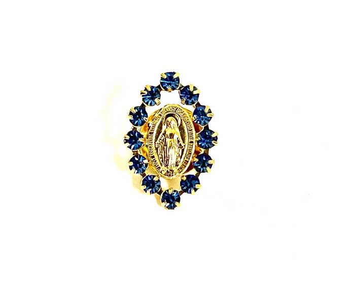 Gold Plated Miraculous Medal Pin With Blue Crystals