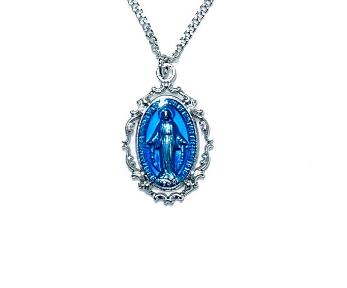 Sterling Silver Open Scrollwork Edge Miraculous Medal w/ Blue Enamel