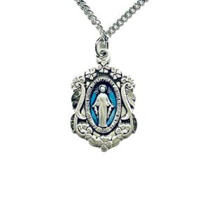 Rhodium Finish Miraculous Medal with Blue Overlay on 18" Chain