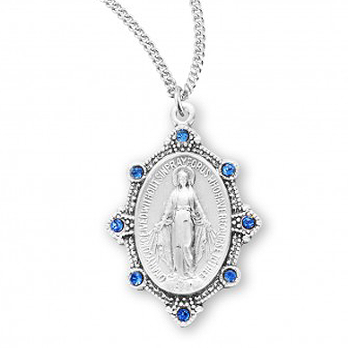 Sterling Silver Miraculous Medal with light Sapphire Stones