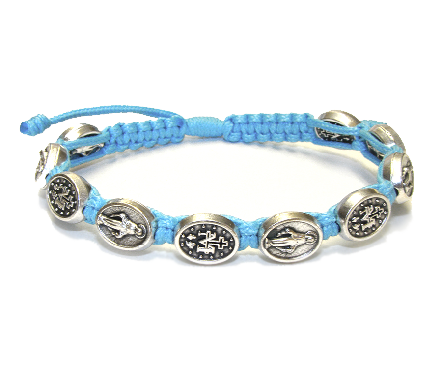 Miraculous Medal Light Blue Corded Rosary Bracelet