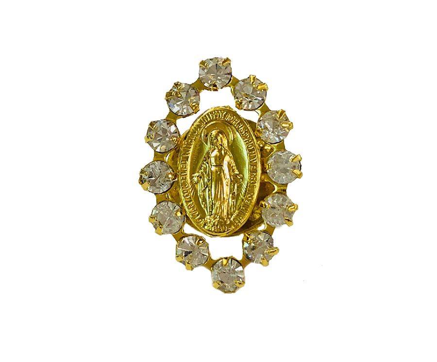 Gold Plated Miraculous Medal Pin with Clear Crystals