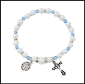 Blue Crystal and White Pearl Stretch Rosary Bracelet at The Basilica Shrine of Our Lady of the Miraculous Medal Gift Shop