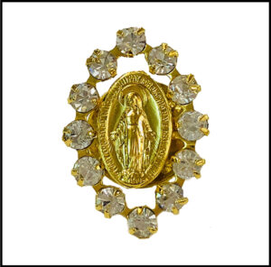 Gold-plated Miraculous Medal Pin with Clear Austrian Crystals at The Basilica Shrine of Our Lady of the Miraculous Medal Gift Shop