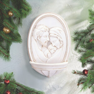 Birth of Christ Holy Water Font with pine in the background