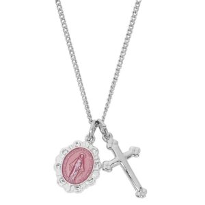 Dainty Sterling Silver Pink Enamel Miraculous Medal and Cross set