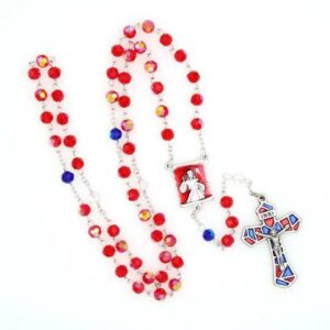 250th Anniversary 6mm Red Rosary with Blue and Crystal Accents and Enameled Crucifix