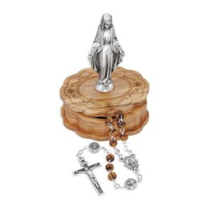 Wooden Bead Miraculous Medal Rosary in Box With Statue