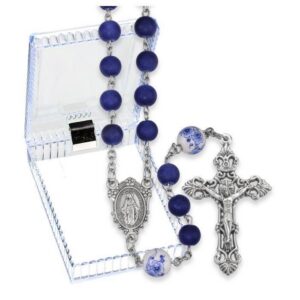 Frosted Blue Glass and Floral Ceramic Bead Rosary