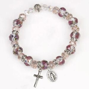 Pink Crystal Stretch Bracelet with Painted Rose Beads