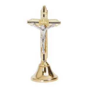 2" Standing St. Benedict Crucifix Gold with Black Epoxy on Metal Base
